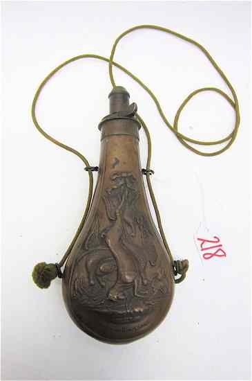 Appraisal: JAMES DIXON AND SONS BRASS POWDER FLASK bag shape body