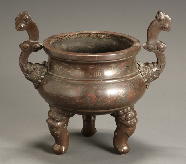 Appraisal: Chinese Inlaid Bronze Archaic-Form Censer th Century Inlaid in silver