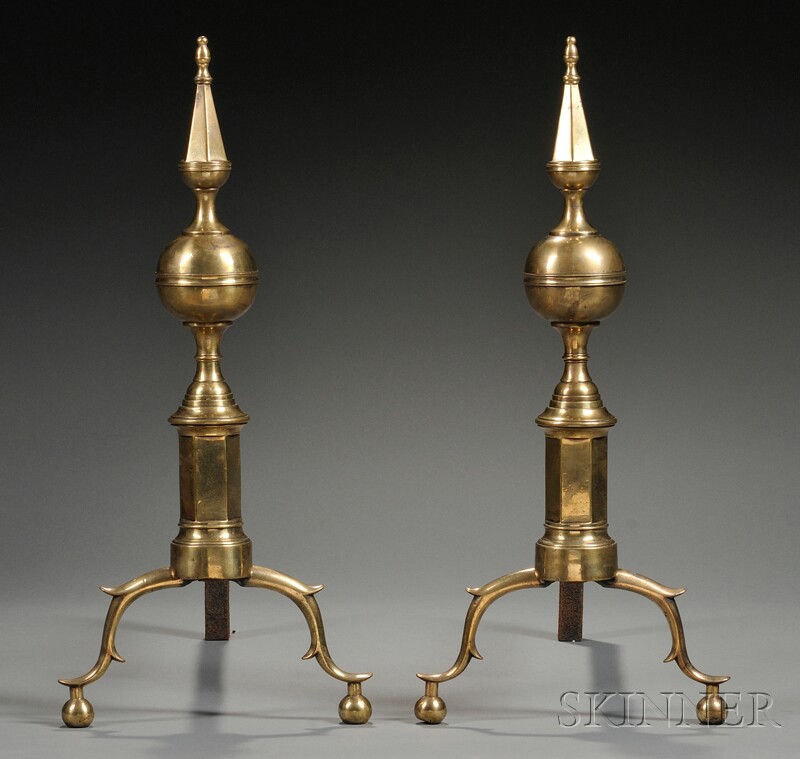 Appraisal: Pair of Brass and Iron Steeple-top Andirons New York first