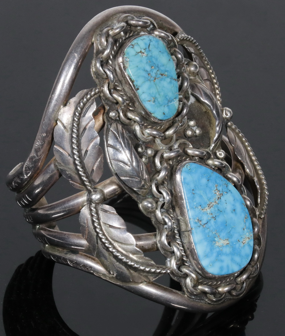 Appraisal: NATIVE AMERICAN SILVER TURQUOISE CUFF BRACELET Large Finely Crafted Cuff