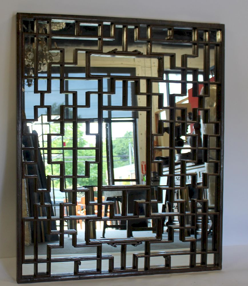 Appraisal: Large Antique Asian Style Fret Work Wood Mirror From a