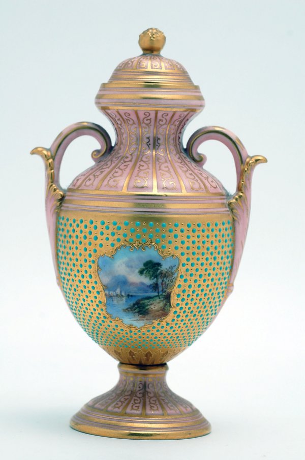 Appraisal: Coalport covered vase body in gilt with turquoise beads and