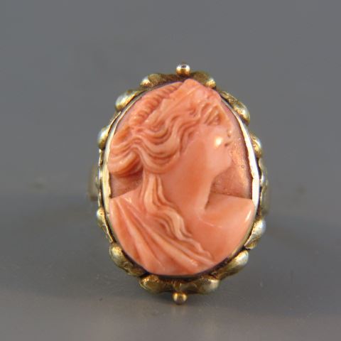 Appraisal: Carved Coral Cameo Ring portrait of a lady circa cameo