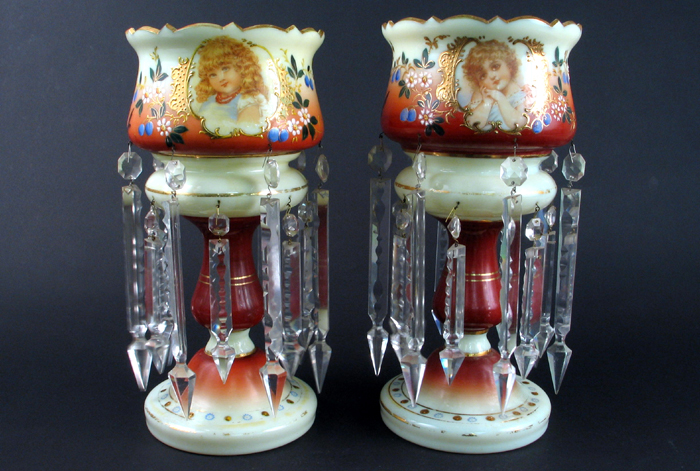 Appraisal: PAIR OF VICTORIAN COLORED GLASS LUSTRES heavily hand enameled and