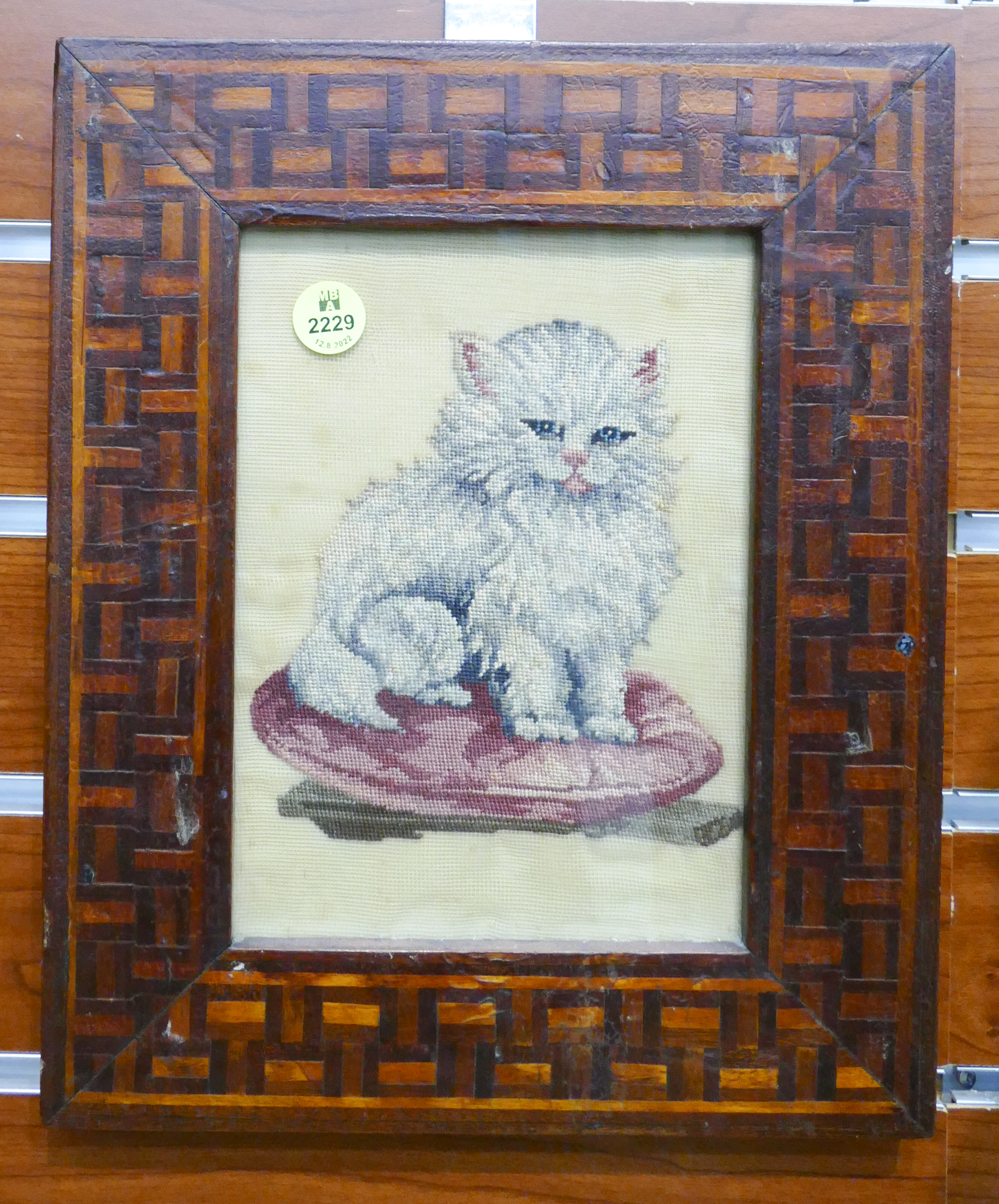 Appraisal: Antique Cat on Pillow Pettipoint in Parquetry Frame- x ''