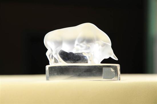 Appraisal: LALIQUE FIGURE Crouching frosted glass bull on a clear base