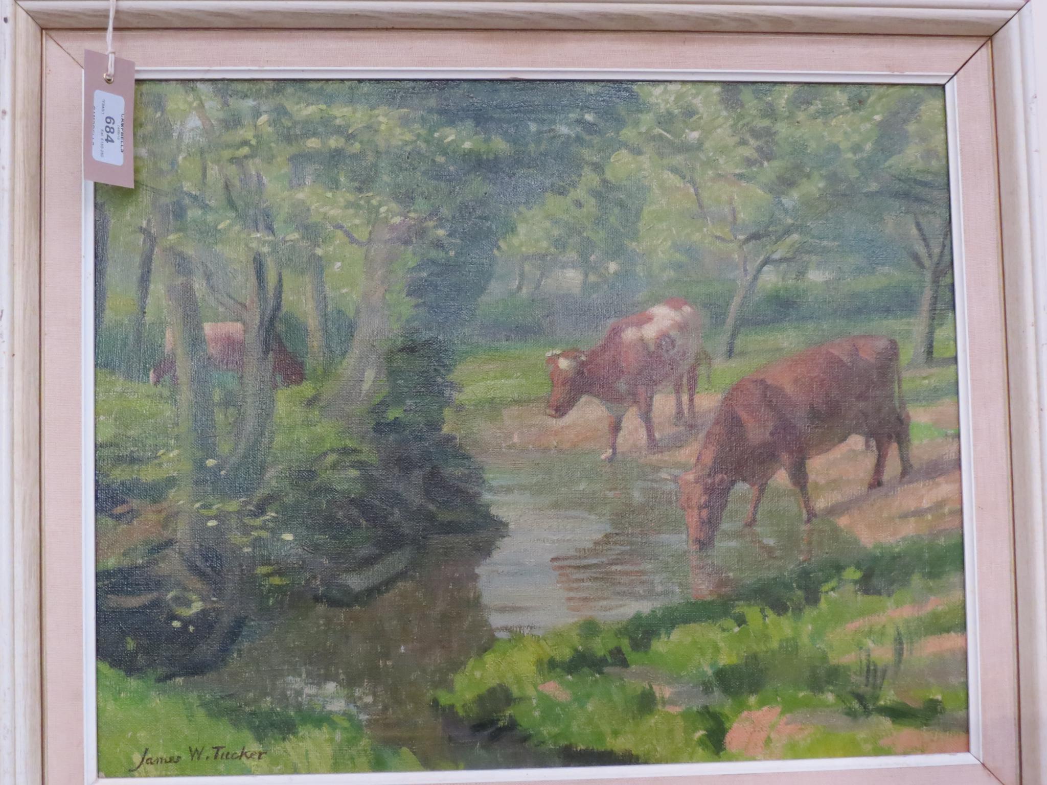 Appraisal: James Walker Tucker - oil on canvas cows drinking at