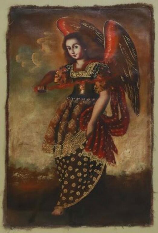 Appraisal: Framed Cuzco School style oil on canvas painting Archangel unstretched