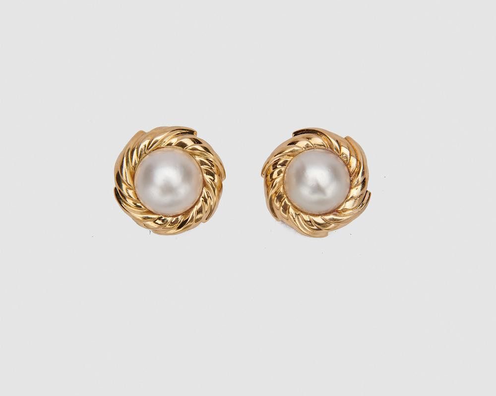 Appraisal: CHARLES TURI K Yellow Gold and Mabe Pearl Earclips CHARLES