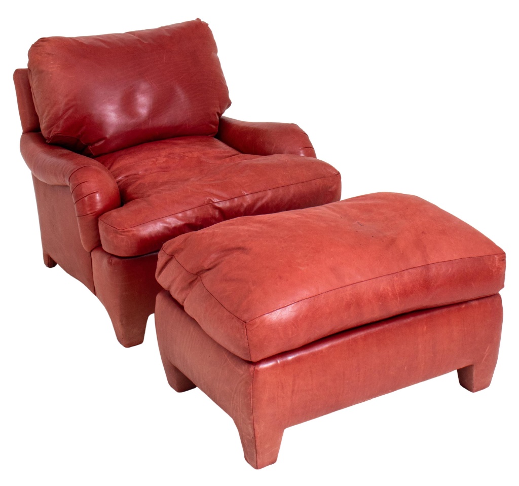 Appraisal: RED LEATHER UPHOLSTERED ARM CHAIR OTTOMAN Red leather upholstered arm