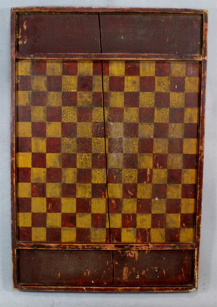 Appraisal: Red and yellow painted checkers game board with end storage