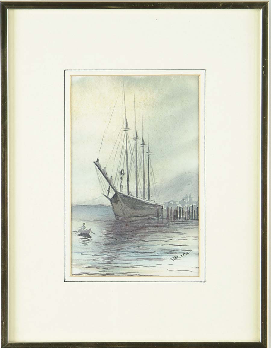 Appraisal: MARNI LAWSON American th C SCHOONER AT DOCK Watercolor scene