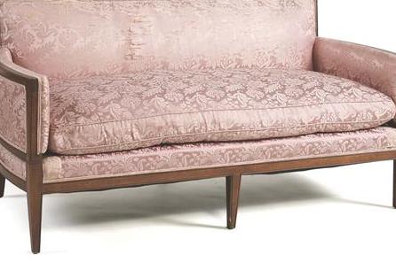 Appraisal: CONTINENTAL FRUITWOOD SQUARE-BACK SOFA UPHOLSTERED IN PINK SILK DAMASK Length