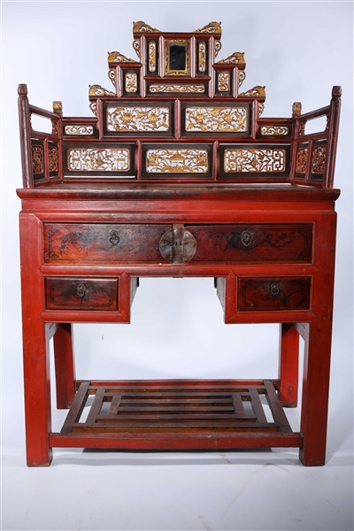 Appraisal: Antique painted red ornate Chinese vanity four-drawered hand-painted with black