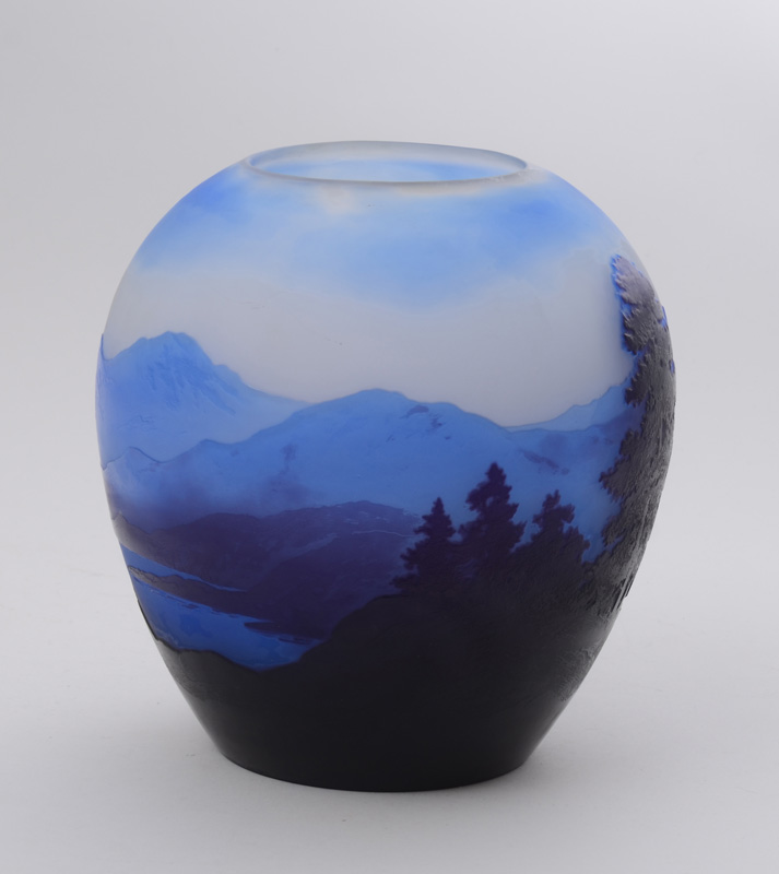 Appraisal: GALL CAMEO GLASS LANDSCAPE VASE The ovoid bowl marked 'Gall