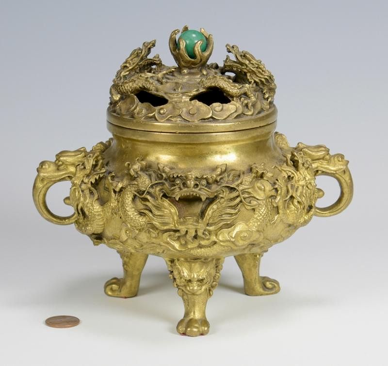 Appraisal: Chinese Gilt Bronze Dragon Censer Chinese gilt bronze censer or