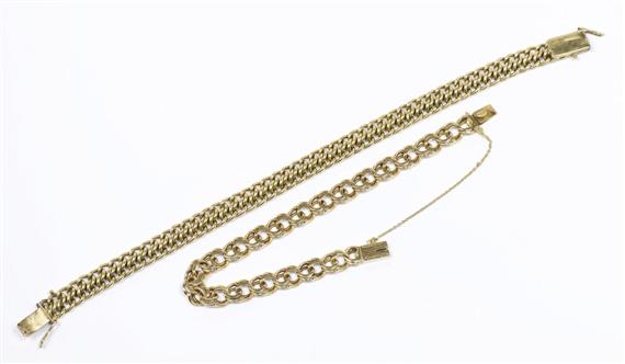 Appraisal: TWO GOLD BRACELETS Yellow gold g One curb link bracelet