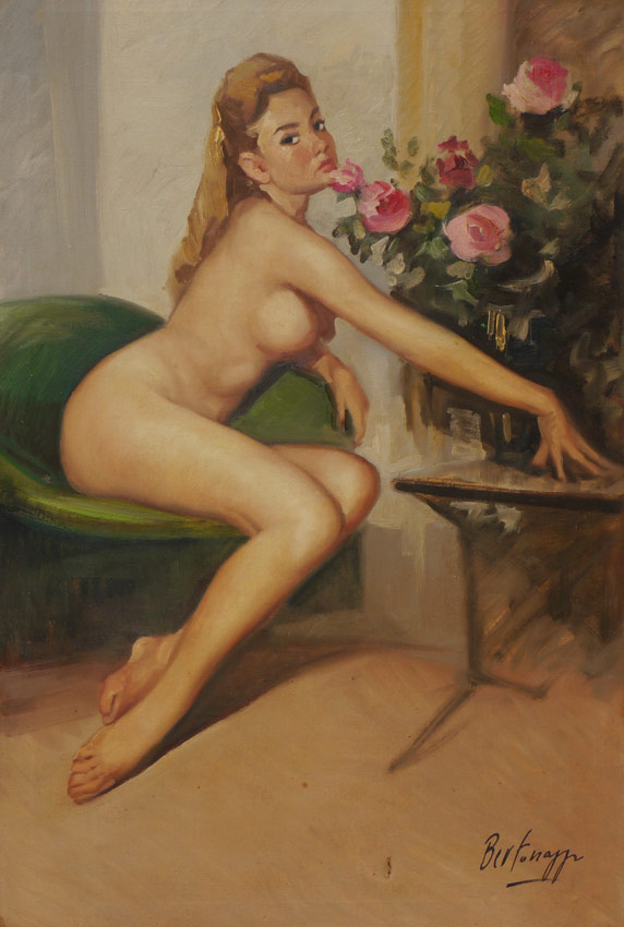 Appraisal: BLONDE FEMALE NUDE PAINTING SIGNED BERTONAZZI Blonde Seated Seductively on