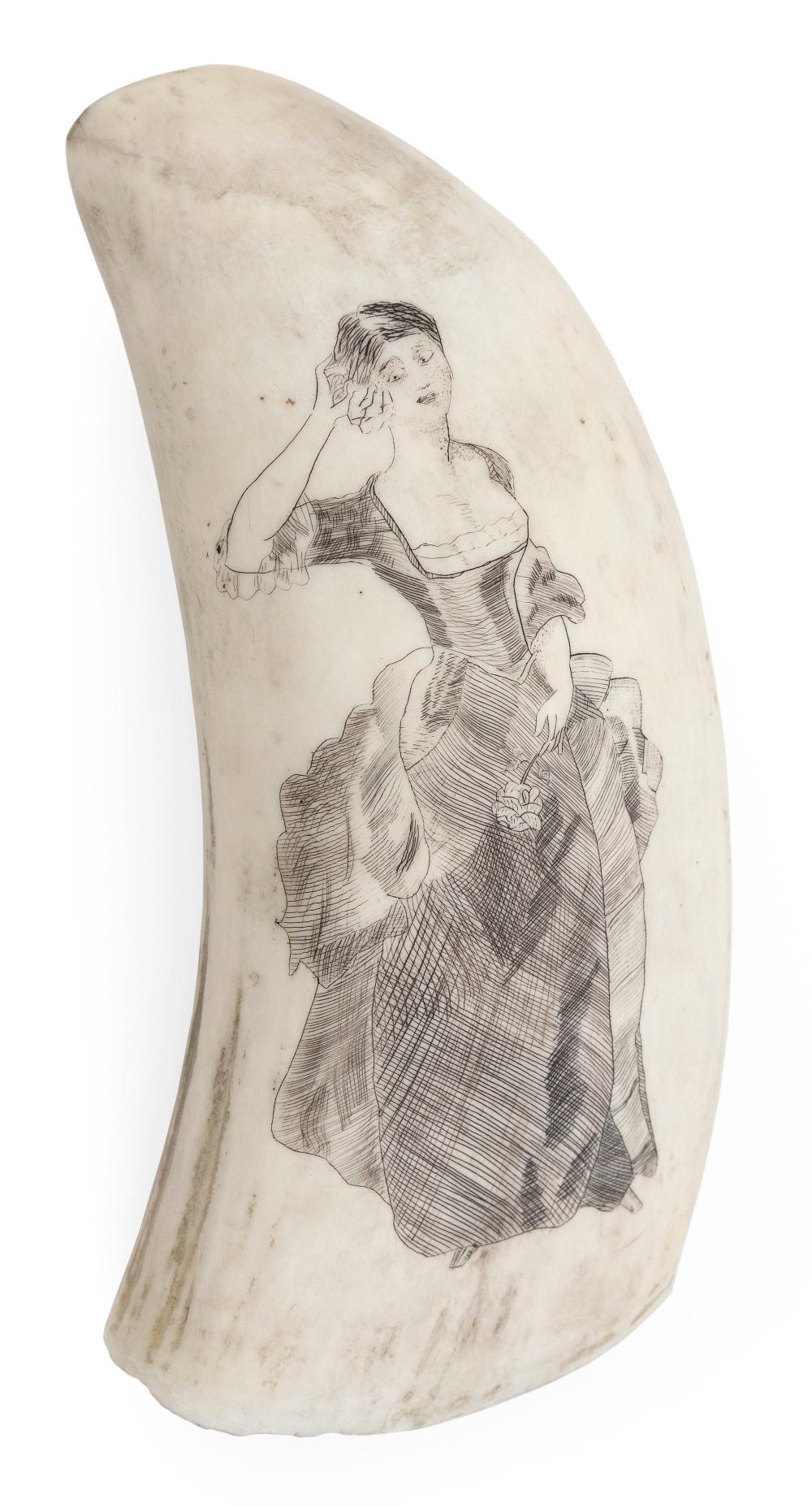 Appraisal: SCRIMSHAW WHALE'S TOOTH WITH FIGURAL PORTRAIT TH CENTURY LENGTH SCRIMSHAW