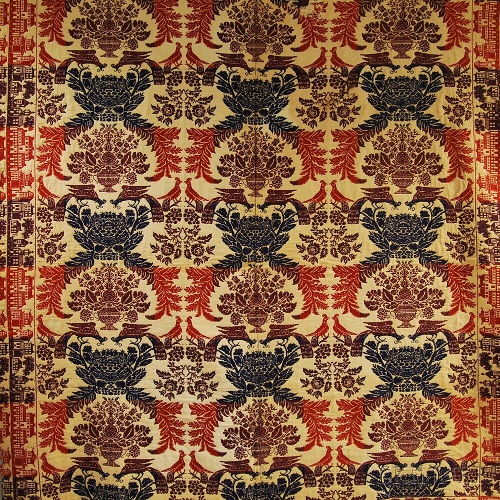 Appraisal: Three-color Woven Jacquard Coverlet th century the field populated with