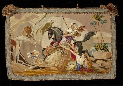 Appraisal: NEEDLEPOINT WALL HANGING Worked with a scene of an Arab