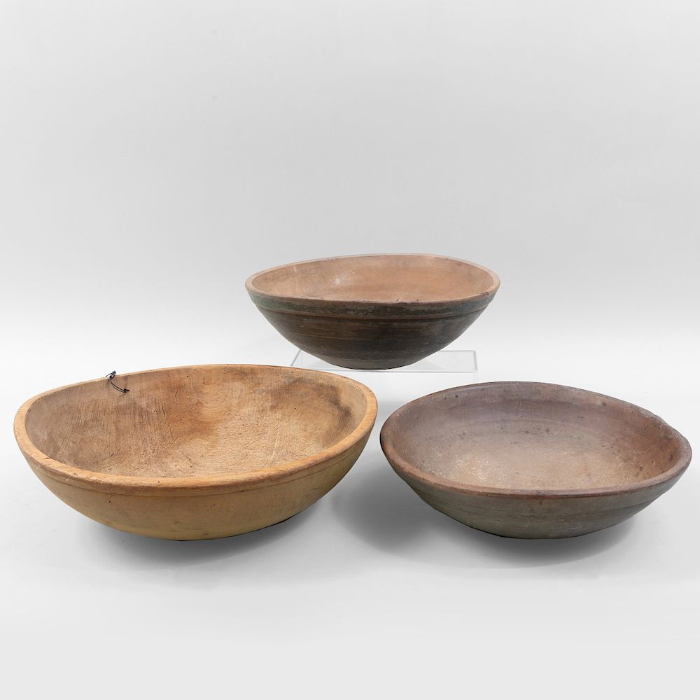 Appraisal: Three Large American Painted Wood Bowls Comprising Two green painted