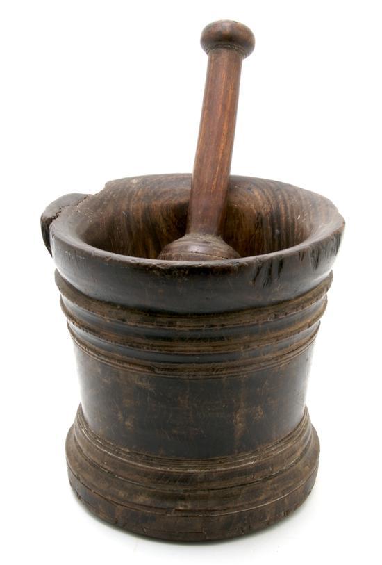 Appraisal: n English Elm Wood Mortar Pestle th century having turned