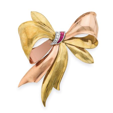 Appraisal: Two-Color Gold Diamond and Synthetic Ruby Bow Brooch Estimate -