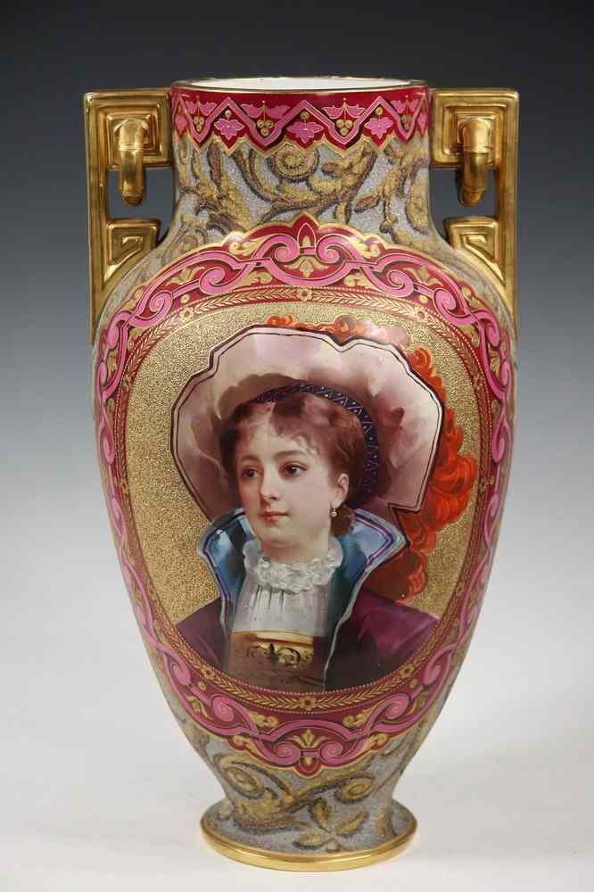 Appraisal: VASE - Large Coralene Portrait Vase with landscape verso nice