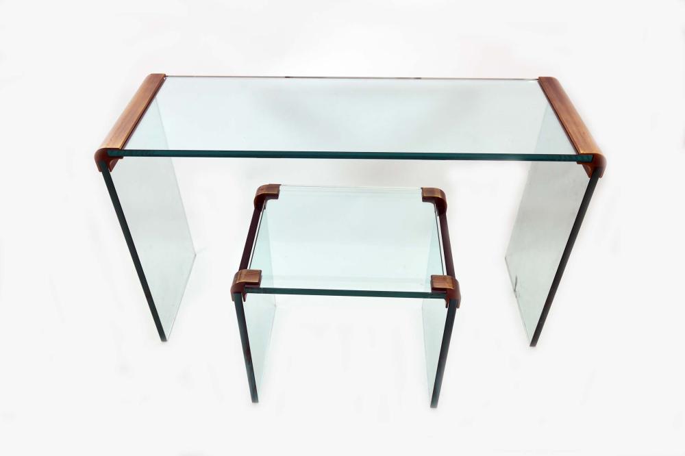 Appraisal: BRASS MOUNTED GLASS CONSOLE OCCASIONAL TABLEContemporary Each rectangular top on