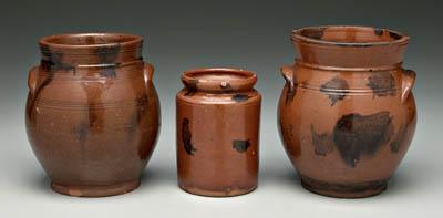 Appraisal: Three redware jars all with manganese splash decoration one with