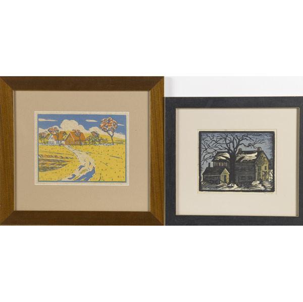 Appraisal: E J WILCOX Two color woodblock prints one by Wilcox