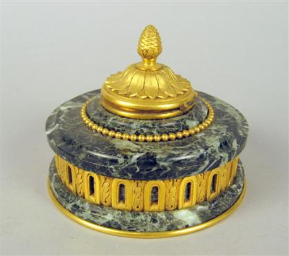 Appraisal: Louis XVI style gilt bronze and green marble inkpot thiebaut