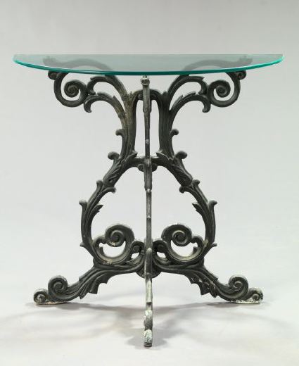 Appraisal: Victorian-Style Cast-Aluminum and Plate Glass Demi-lune Console Table the tripodal