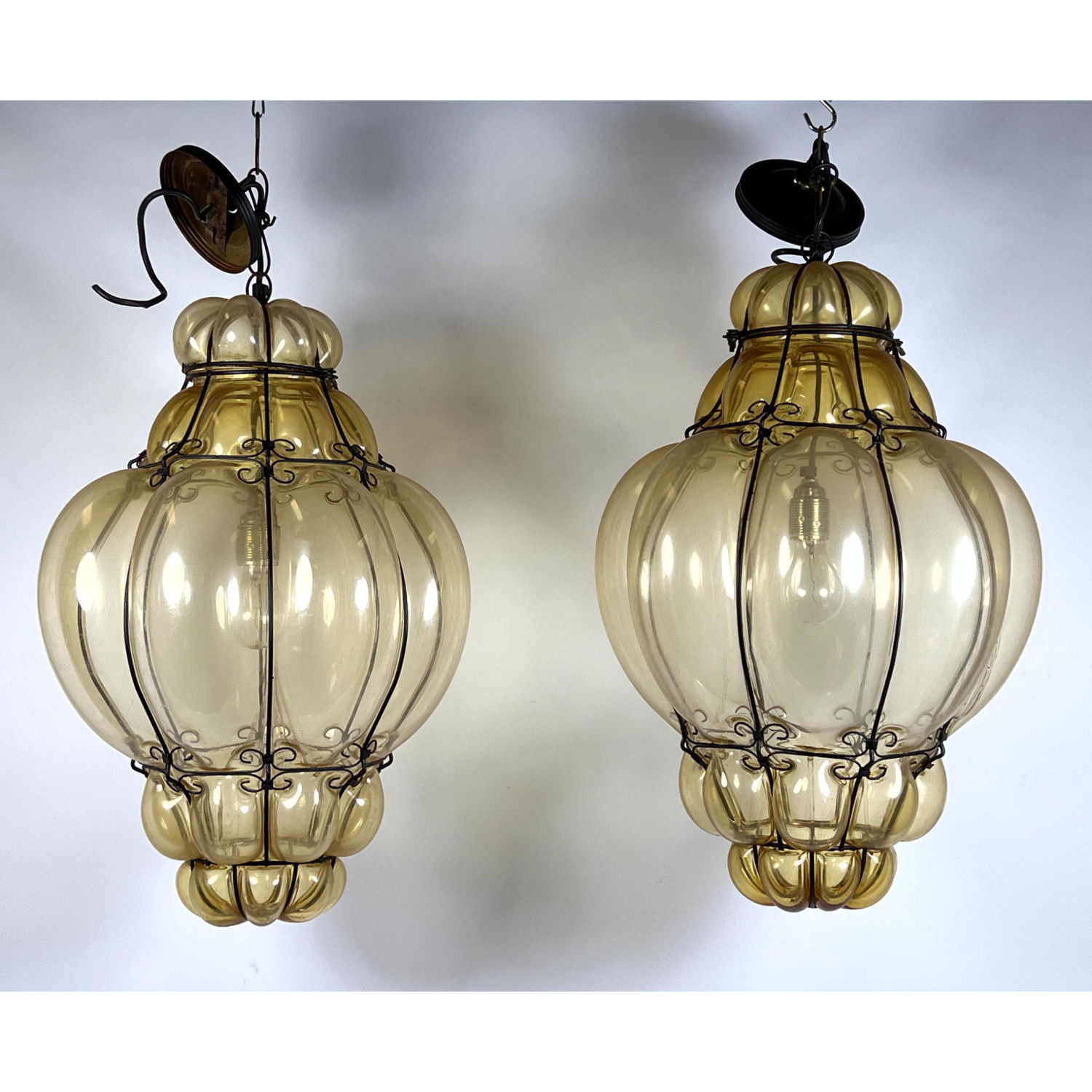 Appraisal: Pr Large Italian style Art Glass Shade Hanging Lights Glass