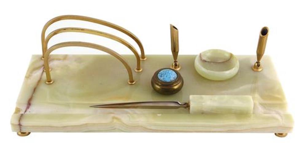 Appraisal: Assembled green onyx desk set mid th C oblong stand