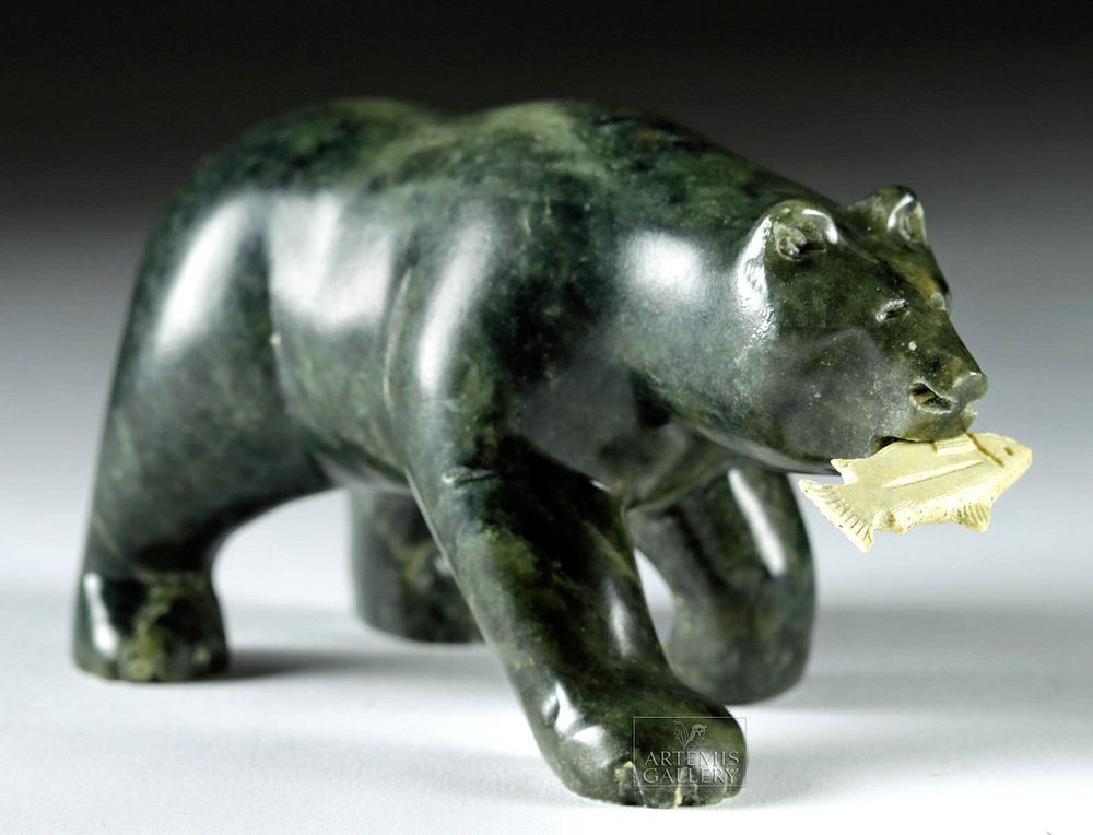 Appraisal: Signed th C Inuit Green Steatite Bear w Fish North