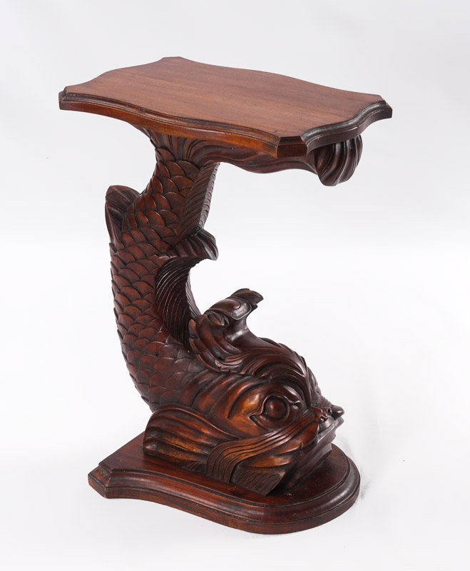 Appraisal: CARVED FIGURAL DOLPHIN SIDE TABLE Shaped top body carved figural