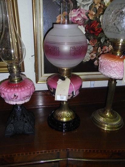 Appraisal: A VICTORIAN OIL LAMP with rose moulded pink glass reservoir