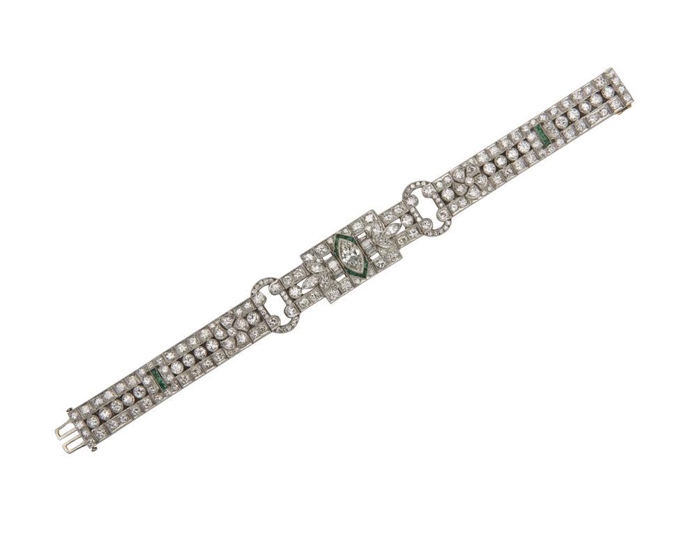 Appraisal: Platinum Diamond and Synthetic Emerald Bracelet ca the open-work bracelet