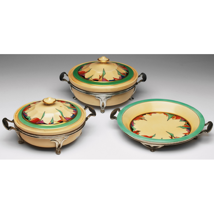 Appraisal: Fraunfelter Royal Rochester serving dishes three Modernistic pattern plate and