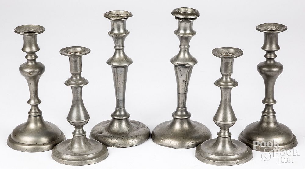 Appraisal: Three pairs of pewter candlesticks th c Three pairs of