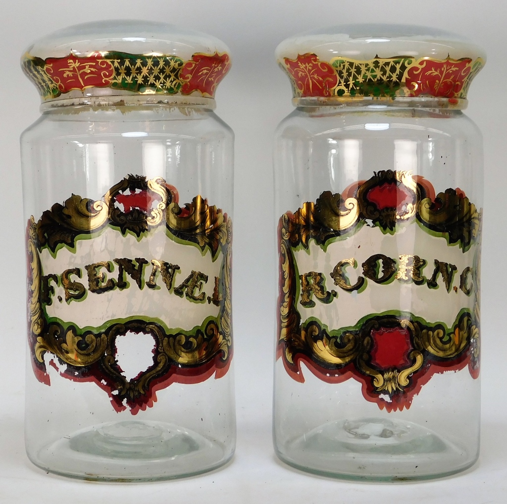 Appraisal: PR FRENCH REVERSE PAINTED APOTHECARY JARS France th CenturyClear glass