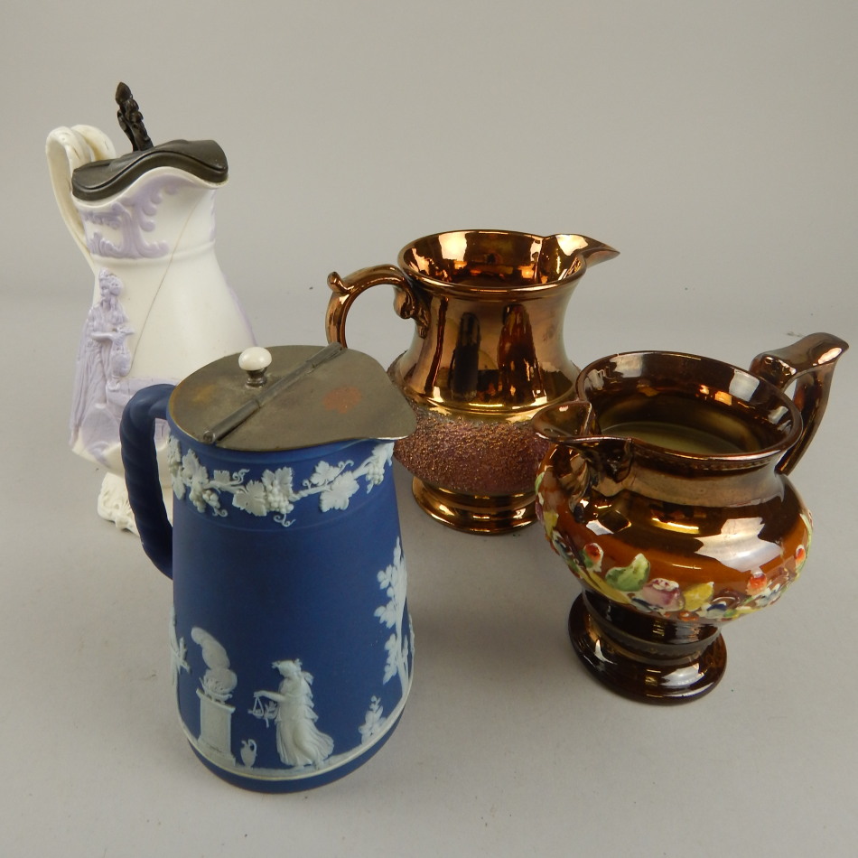 Appraisal: Various thC pottery items comprising two copper lustre jugs one