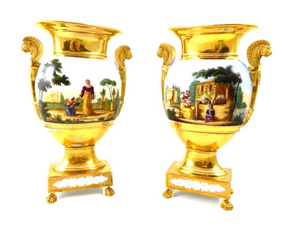 Appraisal: Pair Viennese type urn form vases hand-painted and transferware Italian