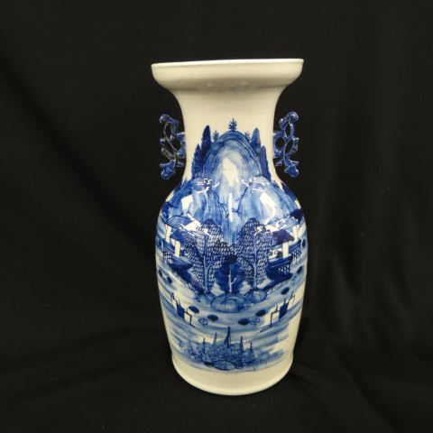 Appraisal: Chinese Blue White Porcelain Vase landscape scene creature handles