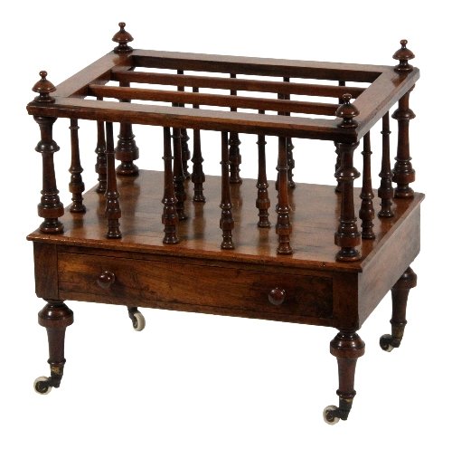 Appraisal: A th Century rosewood Canterbury the divides on balustrade supports