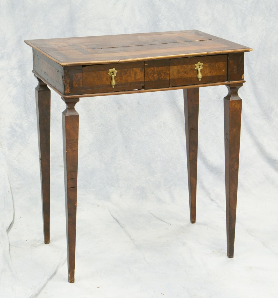 Appraisal: Parquet inlaid continental stand with small drawers square tapered legs