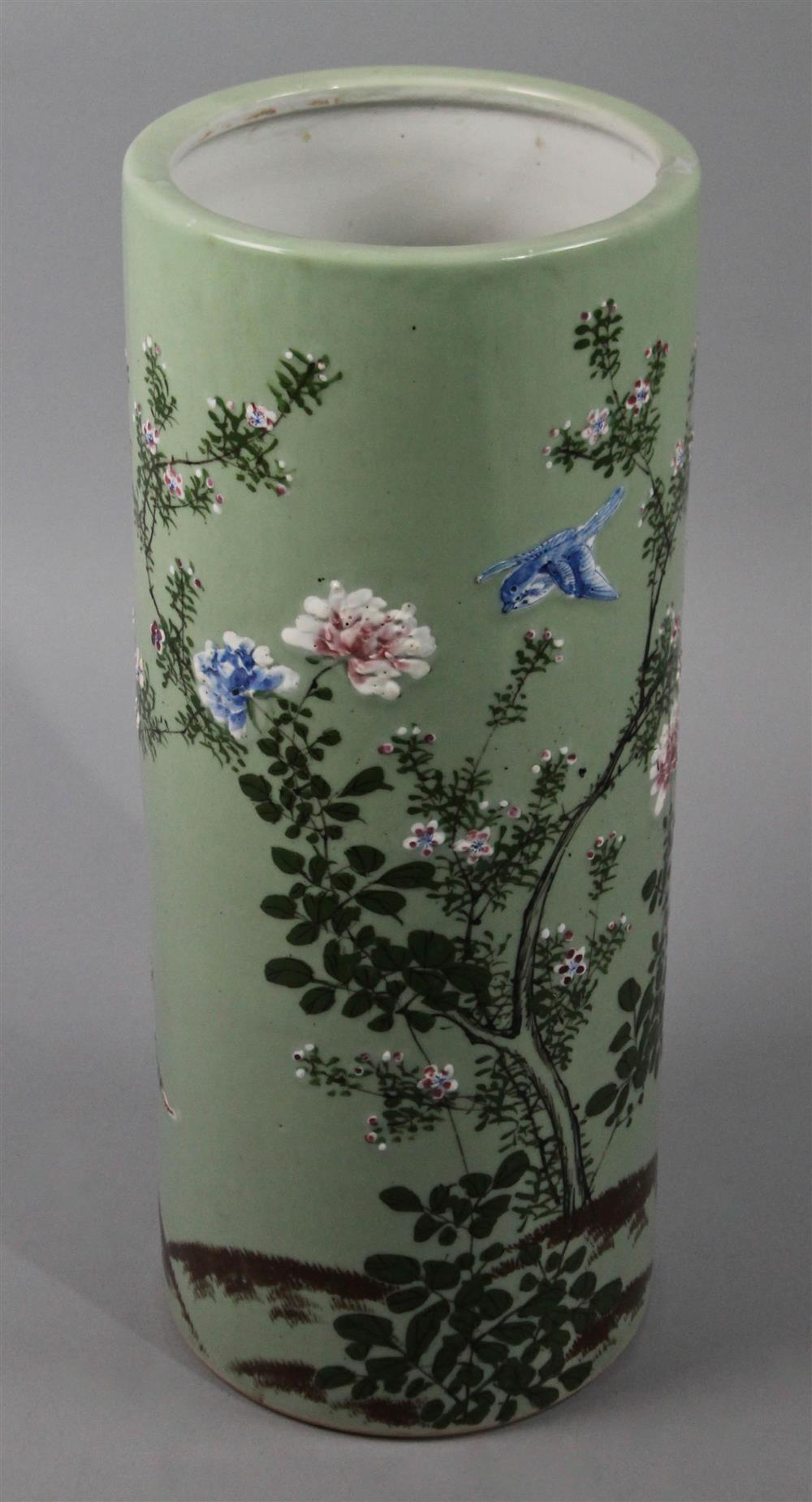 Appraisal: CHINESE CELADON GROUND UMBRELLA STAND ca the cylindrical form covered