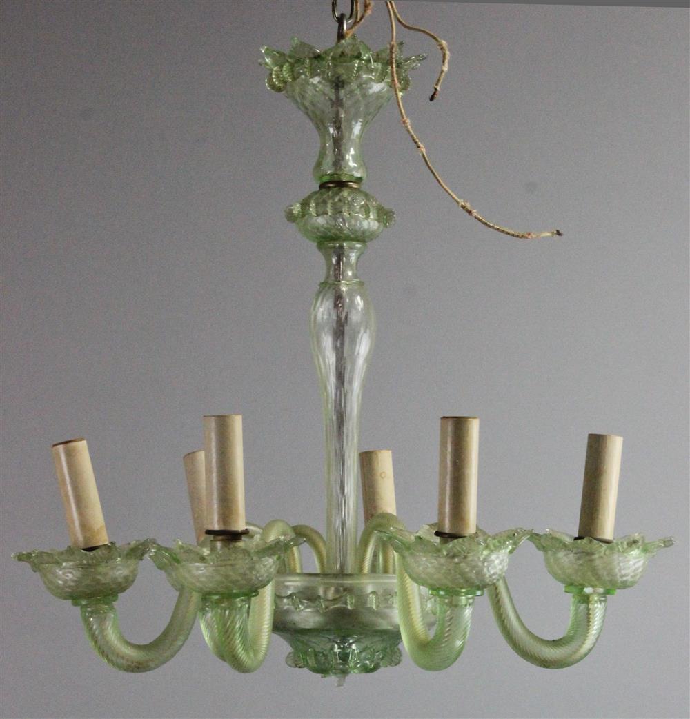 Appraisal: PALE GREEN SIX ARM VENETIAN STYLE GLASS CHANDELIER delicately blown